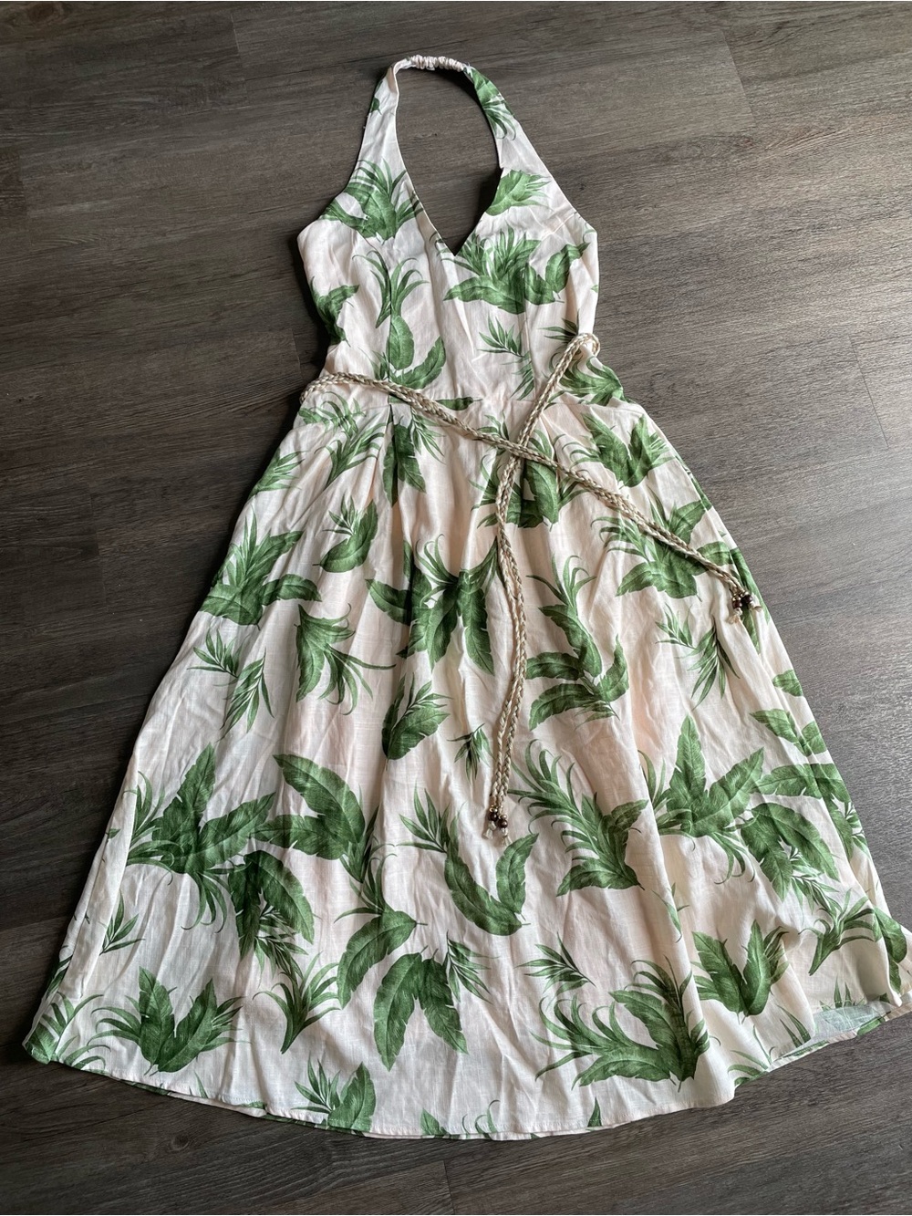 Parker Tropical Leaf Linen Blend Halter Maxi Dress Size XS Belted Vacation NWT
